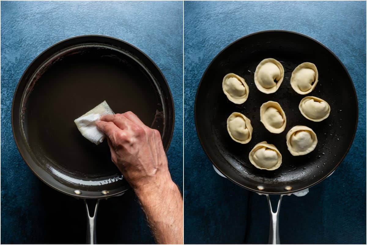 Two photo collage showing greasing a frying pan and then frying the dumplings.