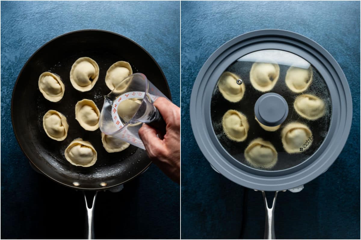 Two photo collage showing water poured into the frying pan and then a lid placed on top to steam the dumplings.