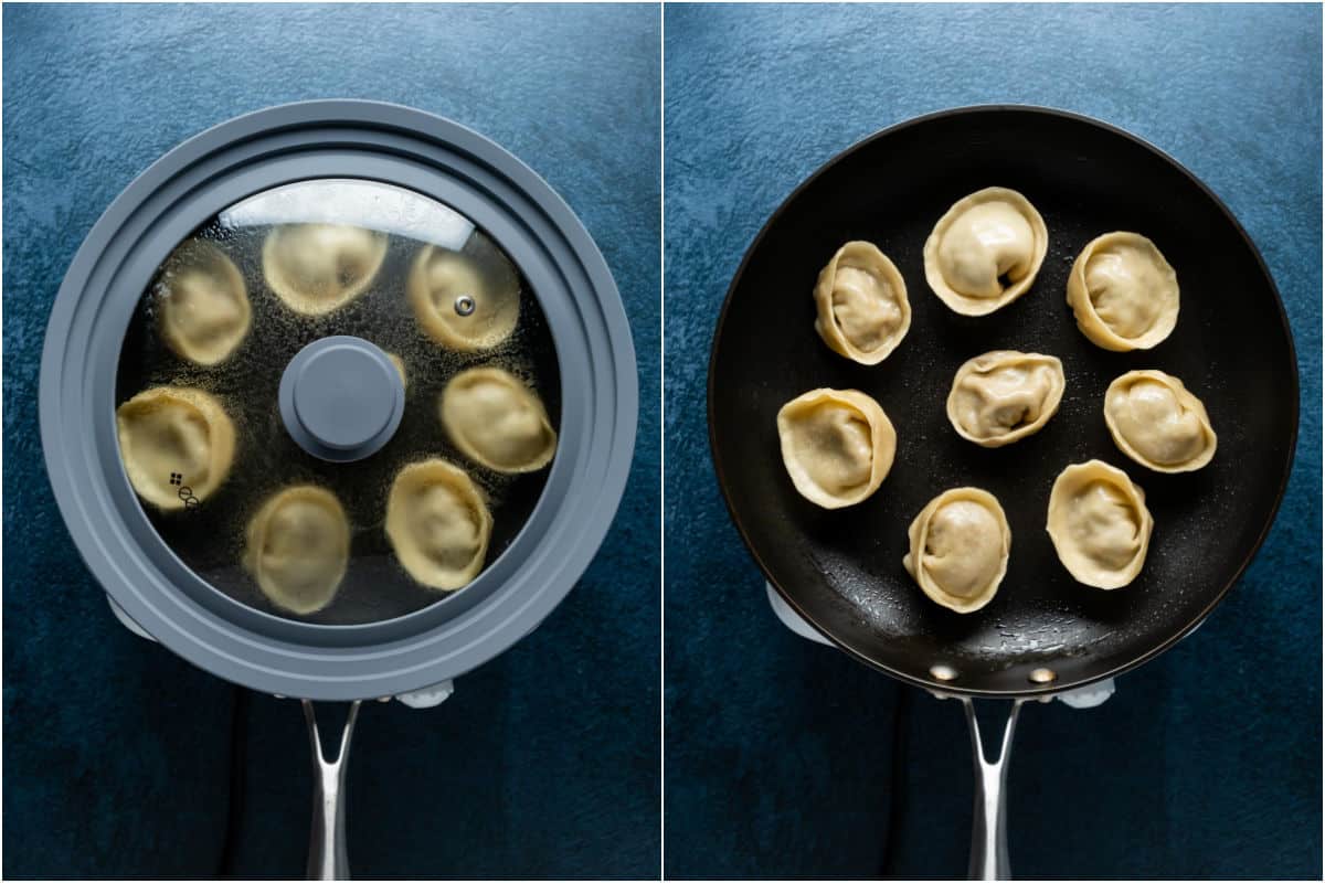 Two photo collage showing the lid taken off the steamed dumplings and them frying for an extra minute.