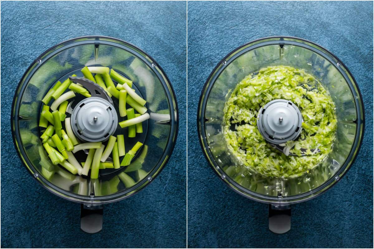 Two photo collage showing green onions added to food processor and processed to finely chopped.