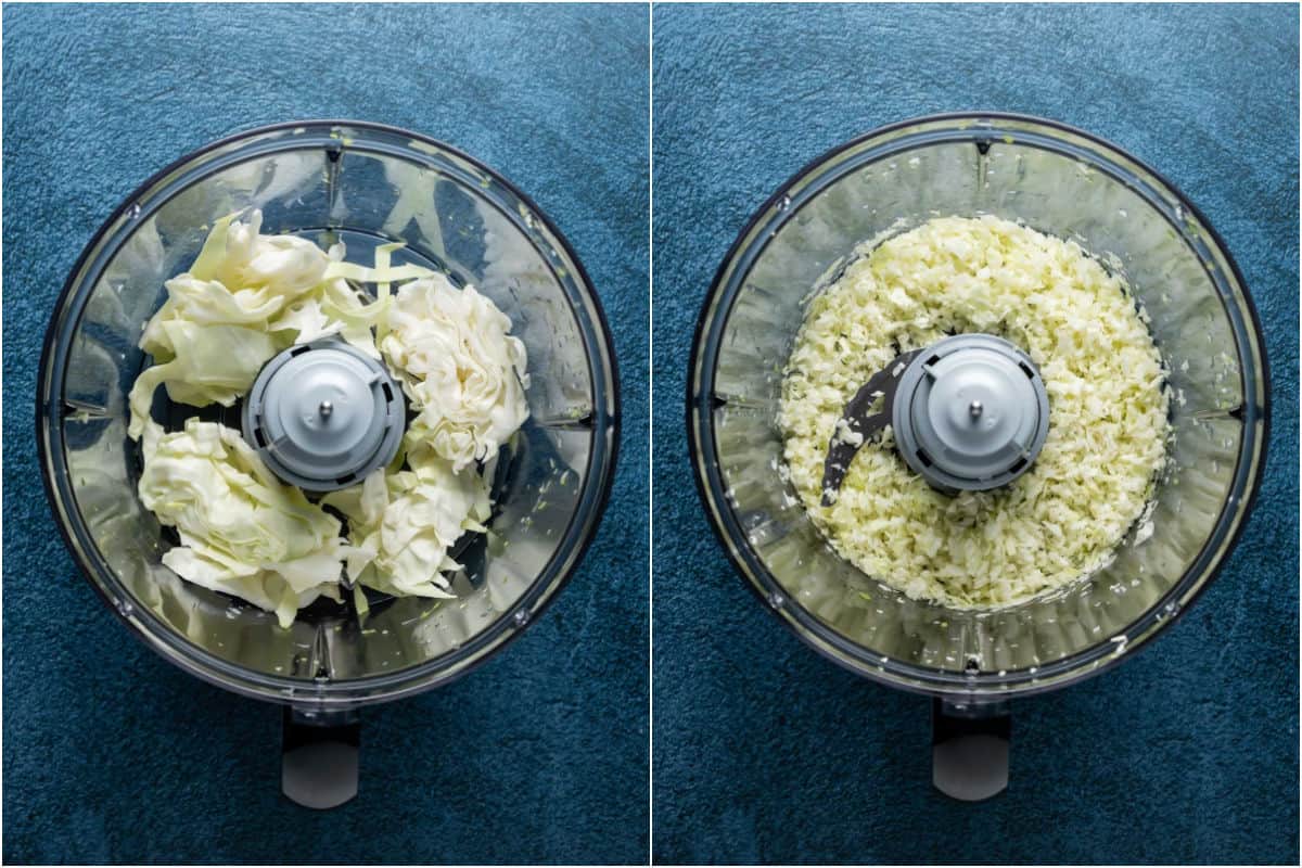 Two photo collage showing chopped cabbage added to food processor and processed until finely chopped.