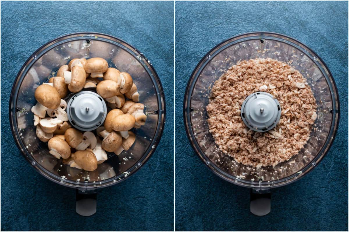 Two photo collage showing mushrooms added to food processor and processed until finely chopped.