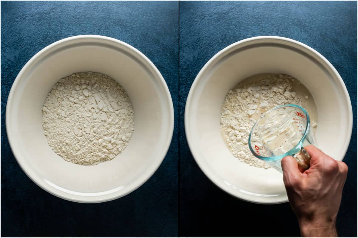 Two photo collage showing flour added to mixing bowl and hot water poured in.