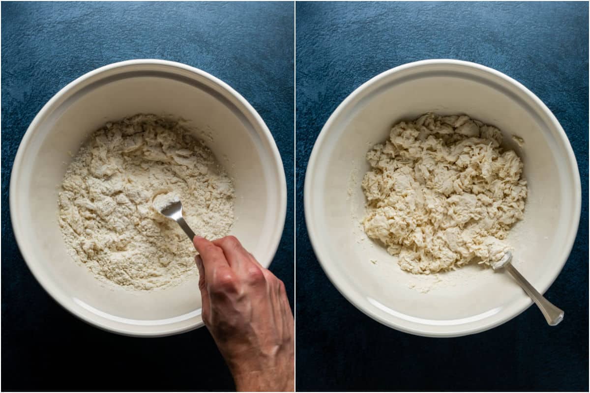 Two photo collage showing mixing the flour and water into a dough.