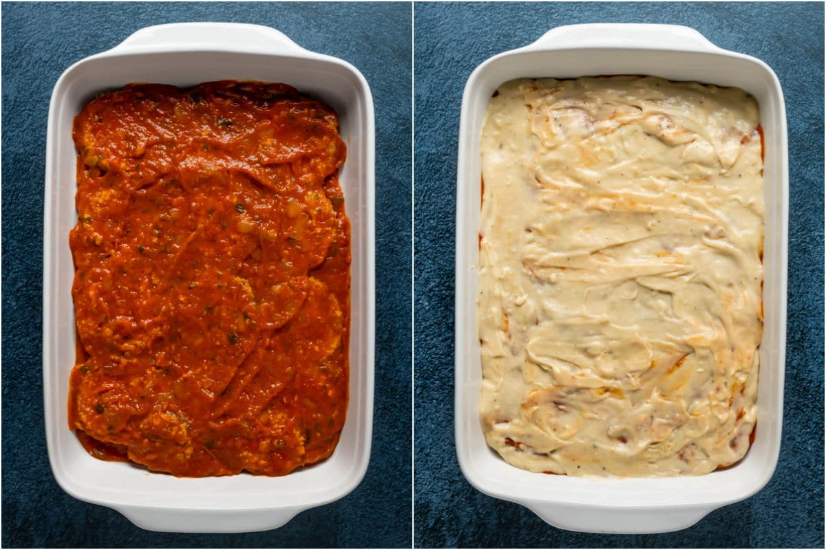 Two photo collage showing layer of marinara sauce followed by layer of vegan cheese sauce.