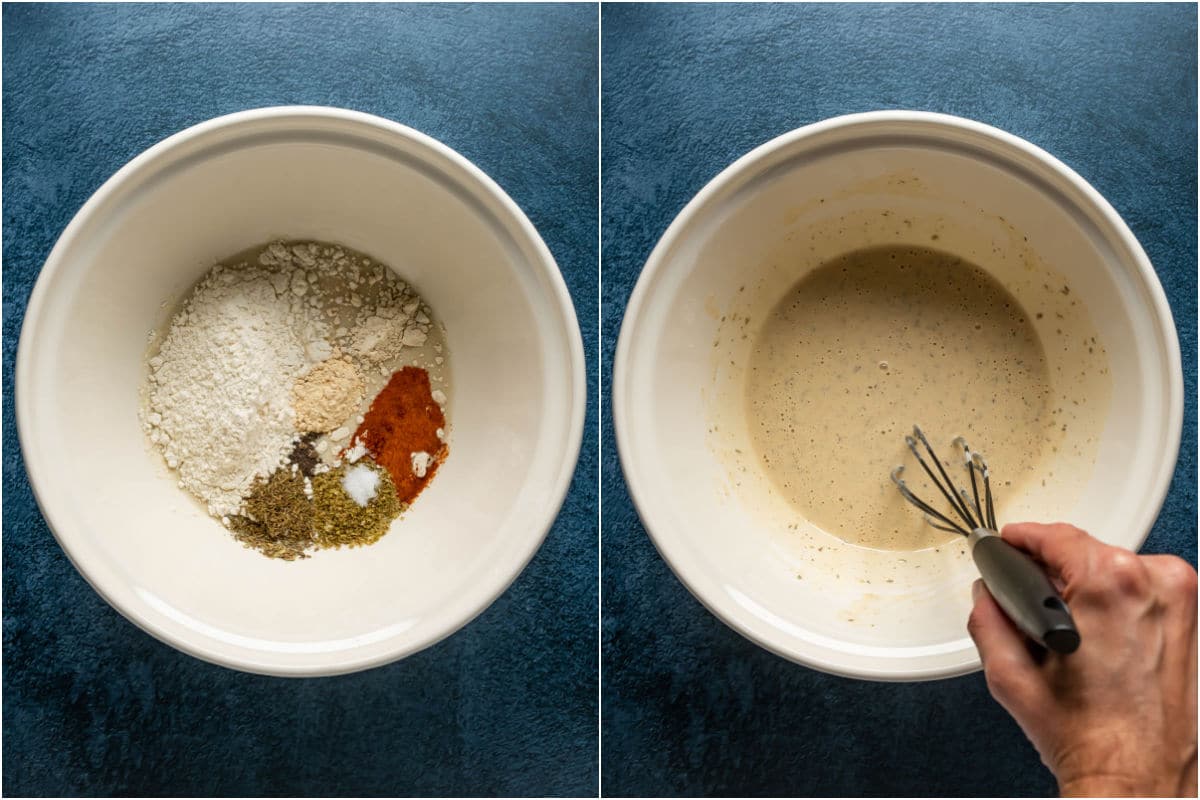 Two photo collage showing ingredients for a batter added to mixing bowl and mixed together.