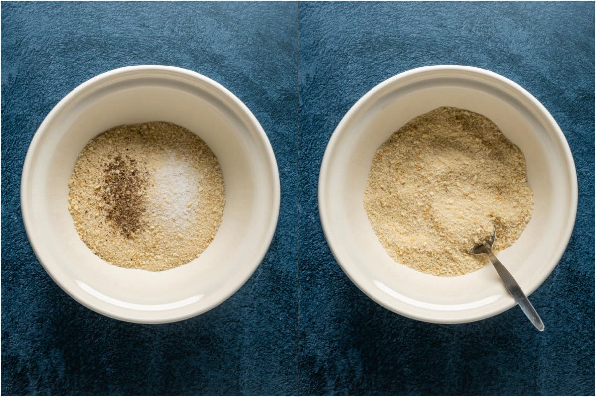 Two photo collage showing breadcrumbs, salt and pepper added to a bowl and mixed together.