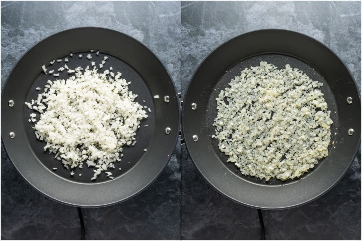 Two photo collage showing chopped onions and oil added to pan and sautéed.