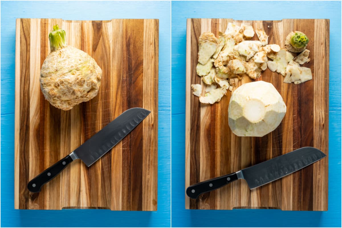 Celeriac on a wooden board and then peeled.