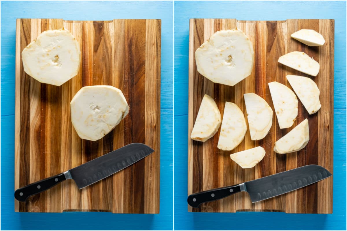 Celeriac cut in half and then cut into ½ inch thick pieces.