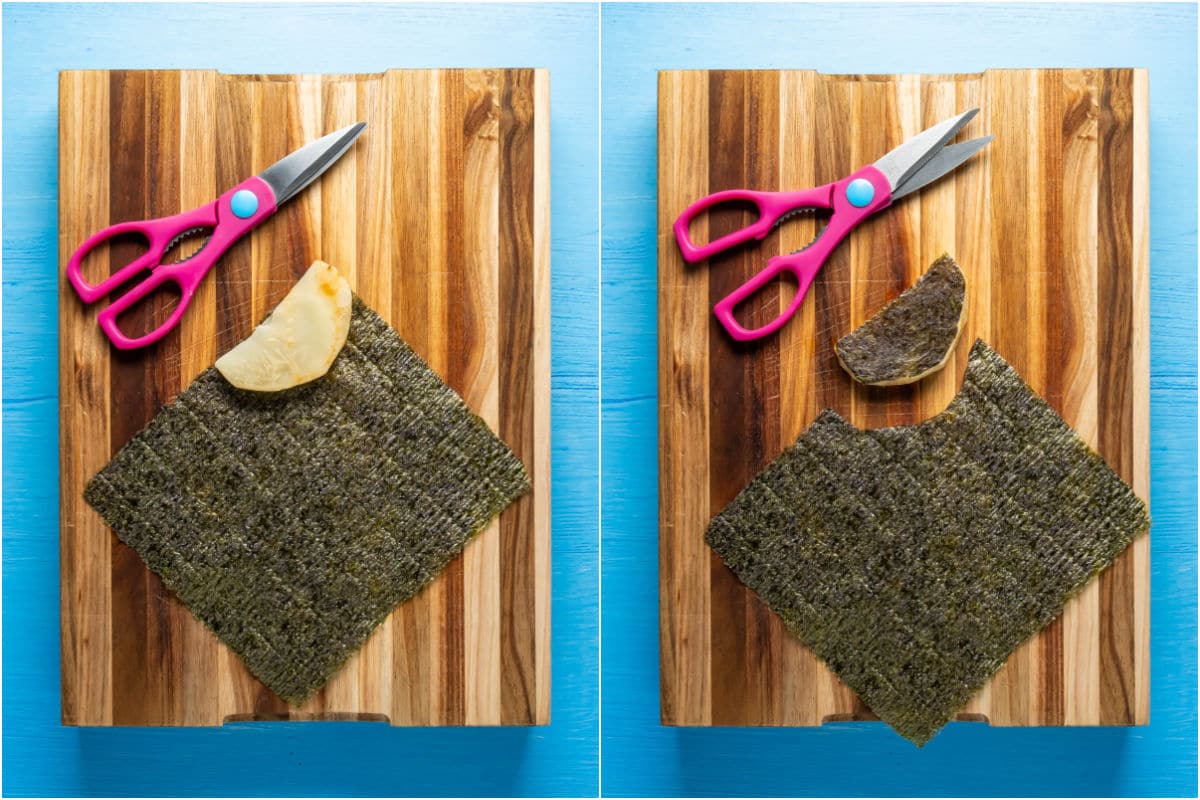 Celeriac piece placed onto a sheet of nori and then cut out so that it's topped with the nori.