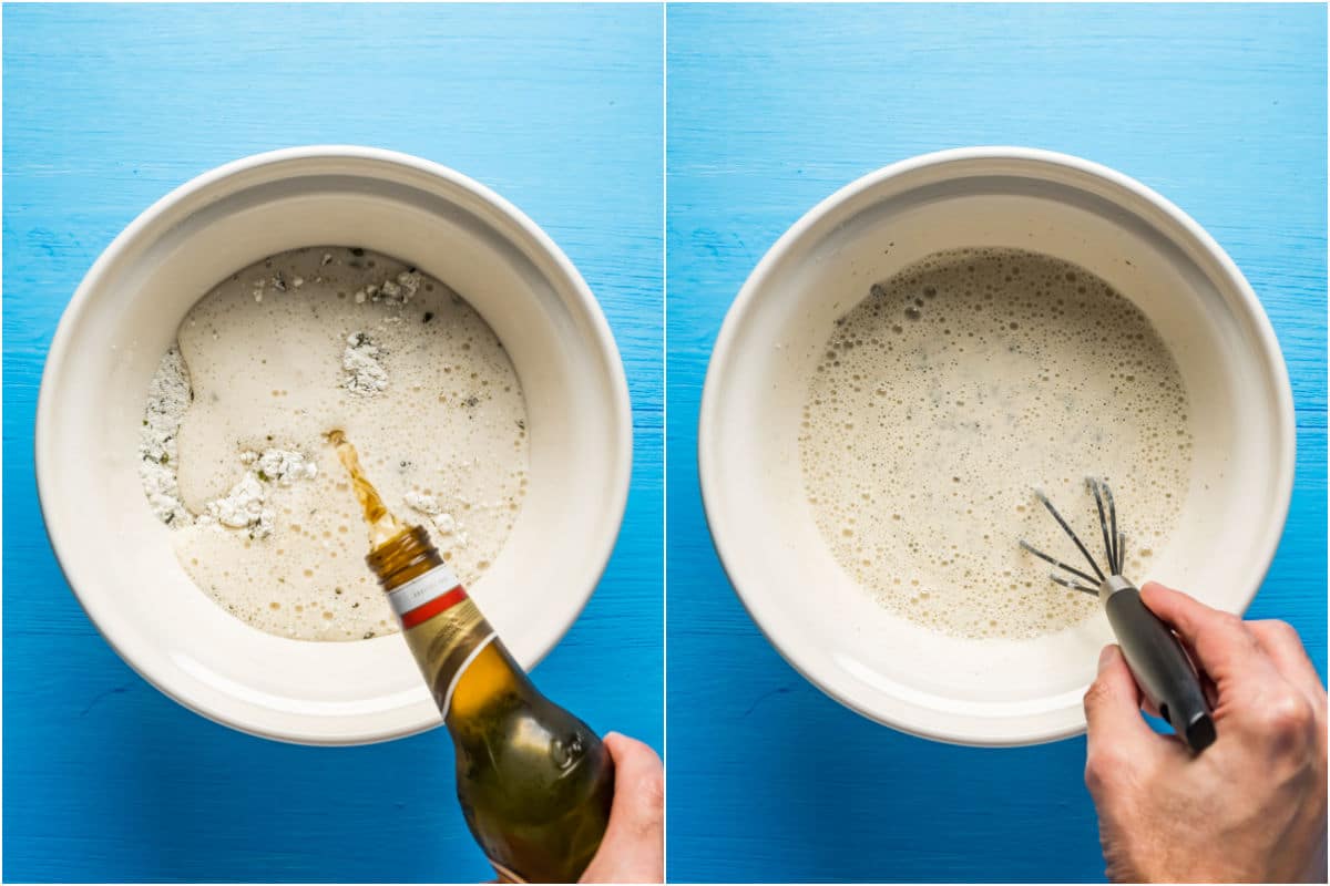 Adding beer to a mixing bowl and mixing into a batter.