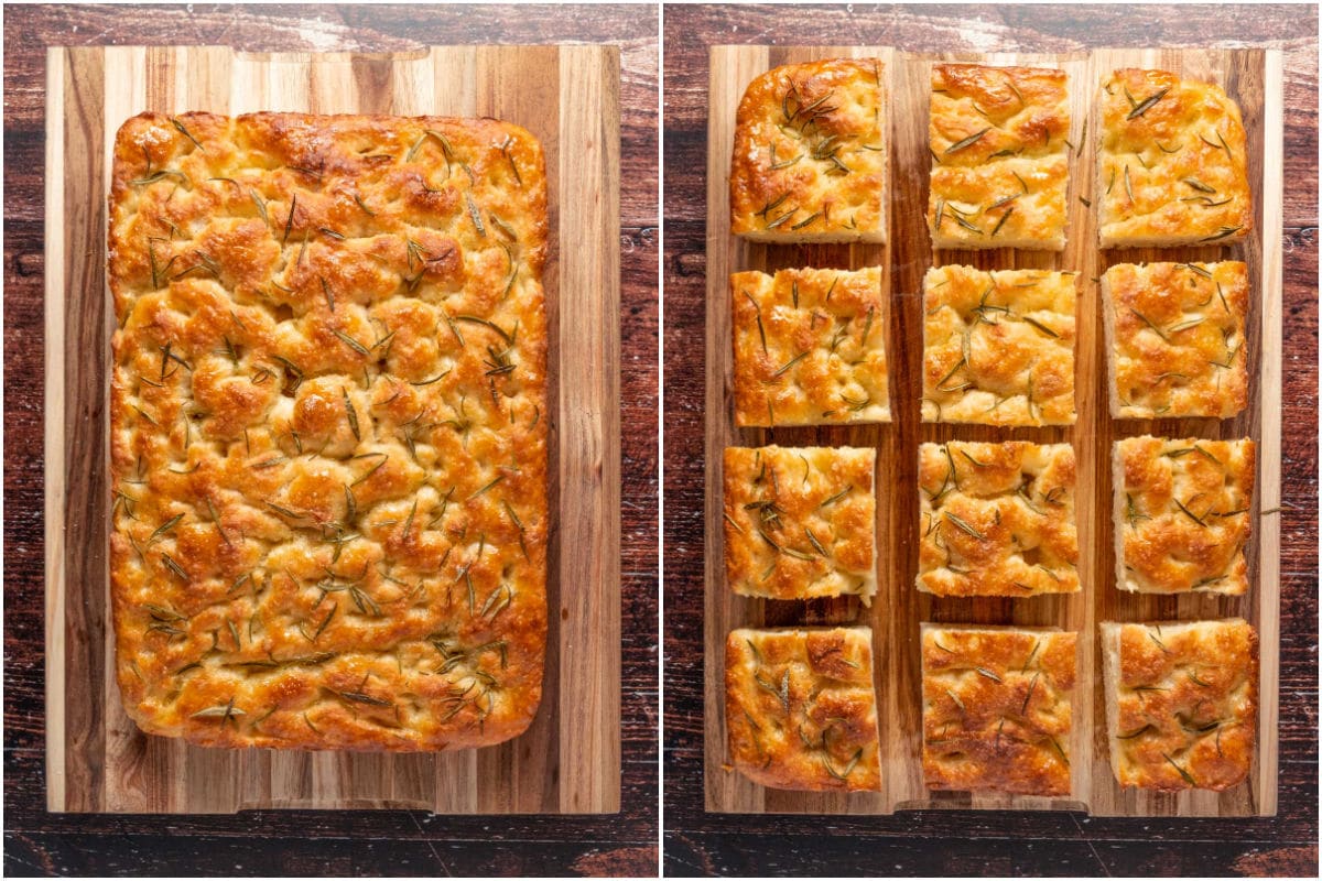 Two photo collage showing baked focaccia on a wooden board and then cut into squares.