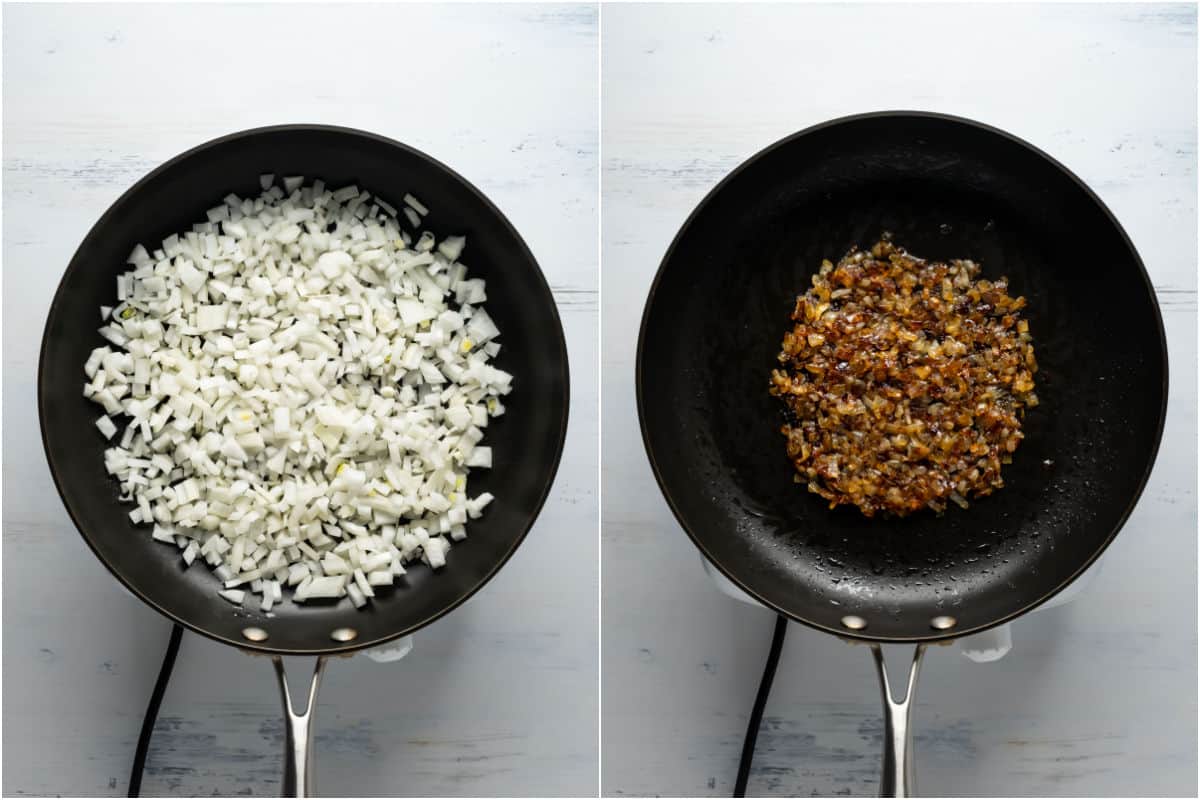 Two photo collage showing olive oil and chopped onions added to skillet and caramelized.