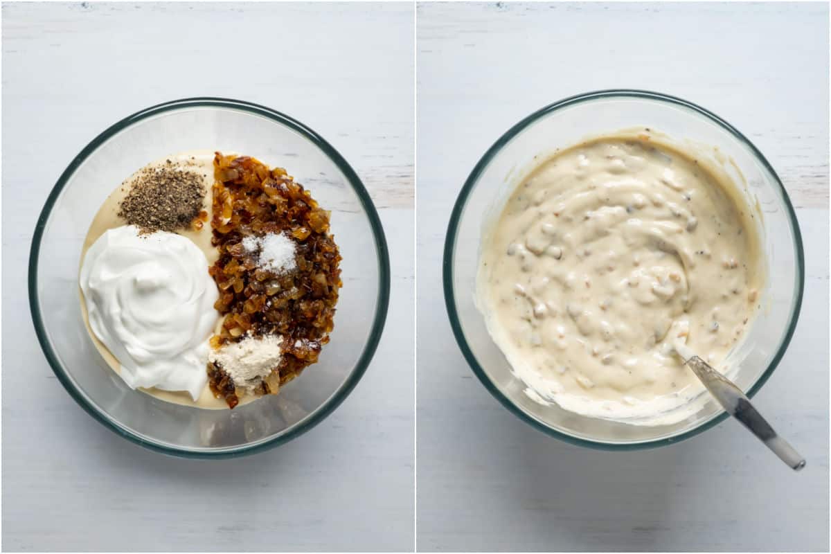Two photo collage showing caramelized onions and other ingredients added to mixing bowl and mixed together.