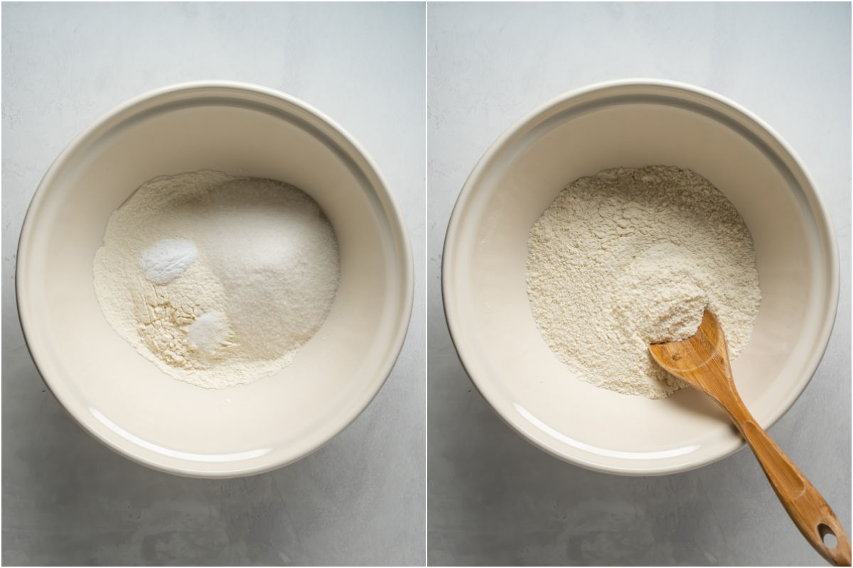 Collage of two photos showing dry ingredients added to mixing bowl and then mixed together.