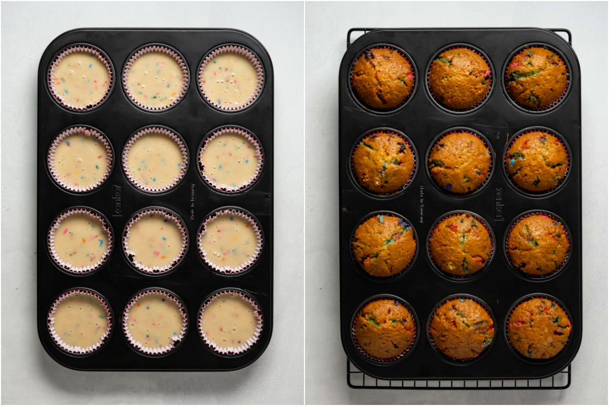 Collage of two photos showing funfetti cupcakes before and after baking.