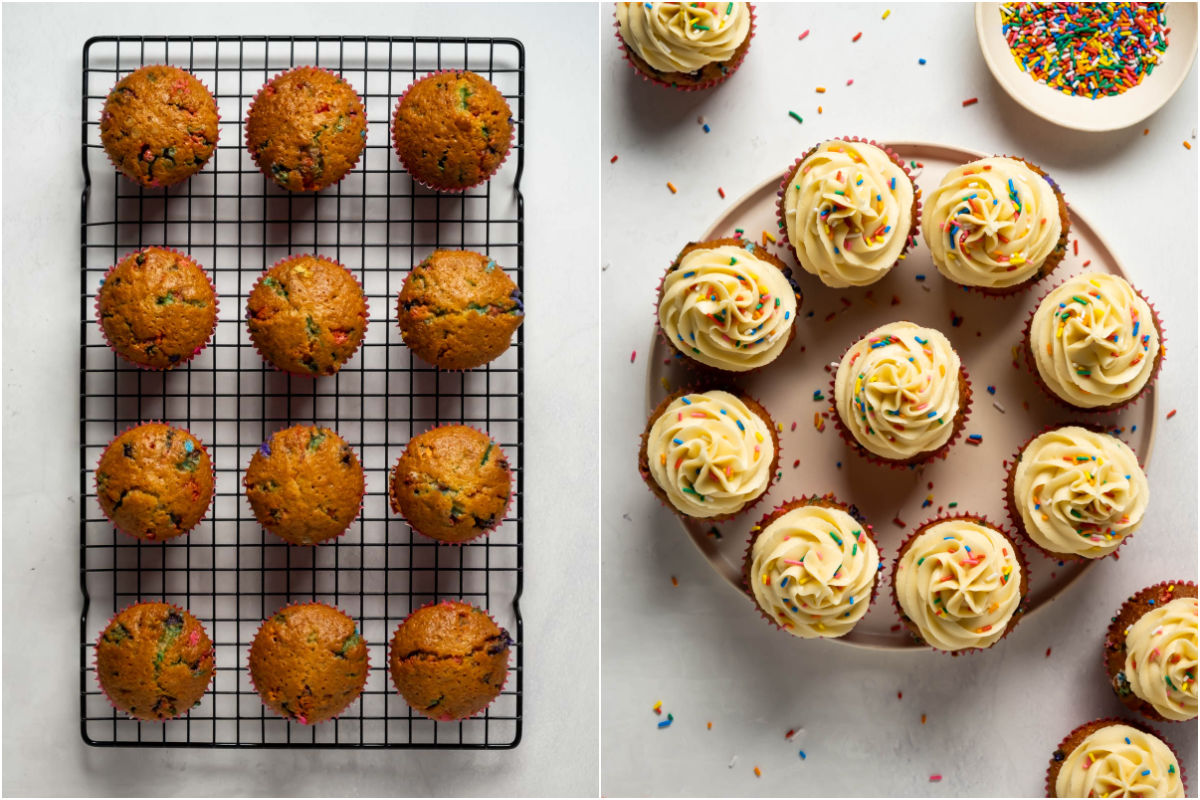 Two photo collage showing cupcakes on a wire cooling rack and then the frosted cupcakes on a plate.
