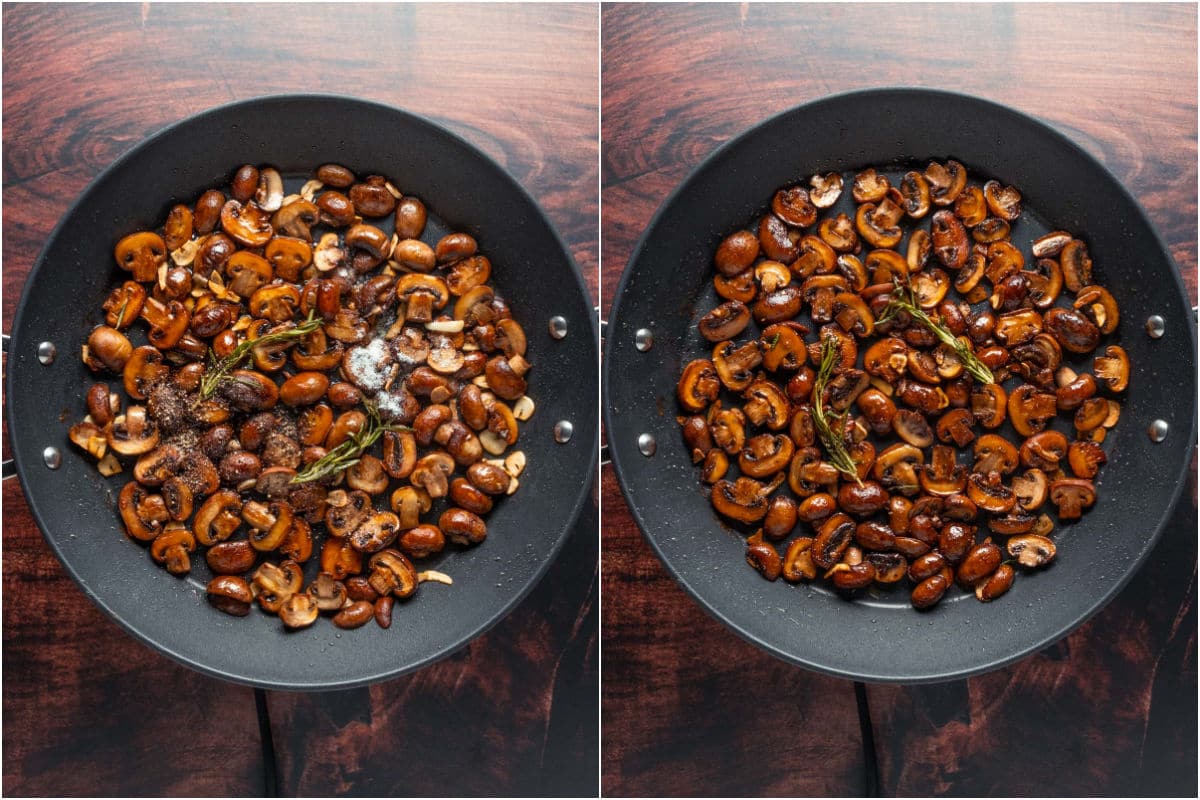 Two photo collage showing soy sauce, salt and black pepper added to skillet and sautéed.