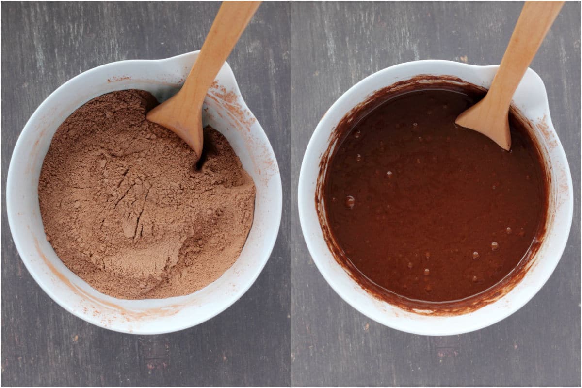 Collage of two photos showing dry ingredients mixed in a bowl and then wet ingredients added and mixed into a cake batter. 