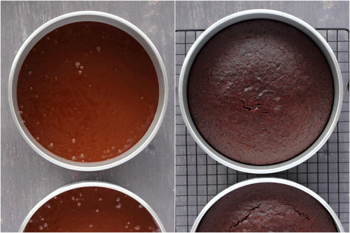 Two photo collage showing cakes in cake pans before and after baking.
