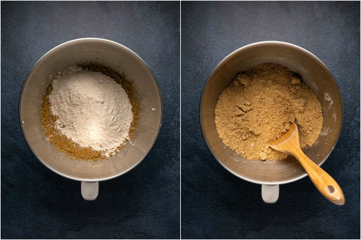 Two photo collage showing dry ingredients added to wet and mixed in until crumbly.