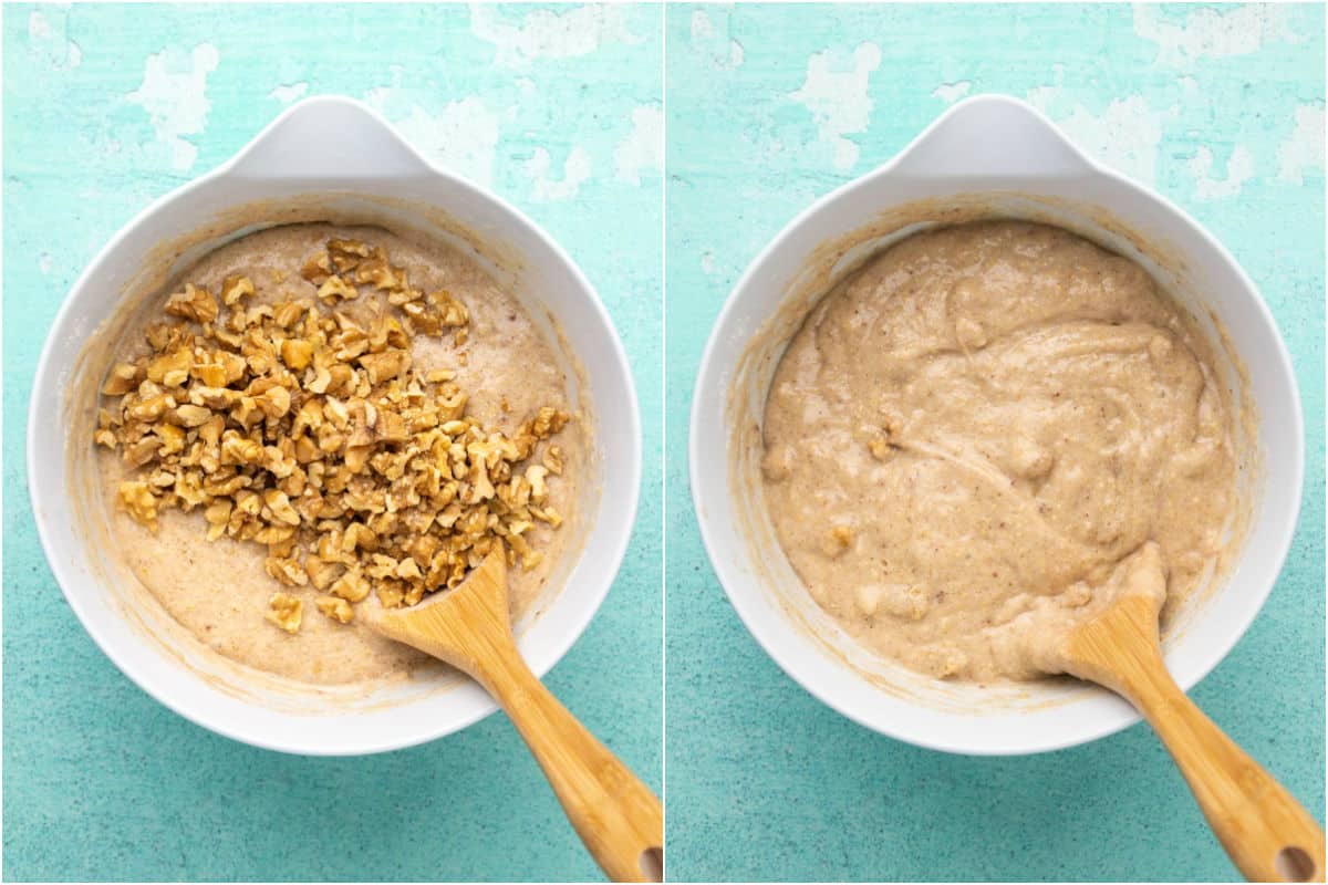 Two photo collage showing walnuts added to the batter and mixed in.