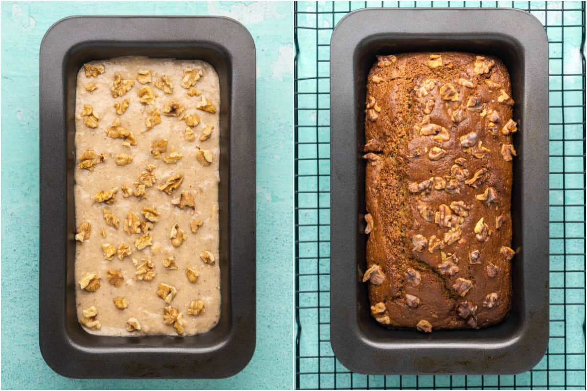 Two photo collage showing vegan gluten free banana bread before and after baking.