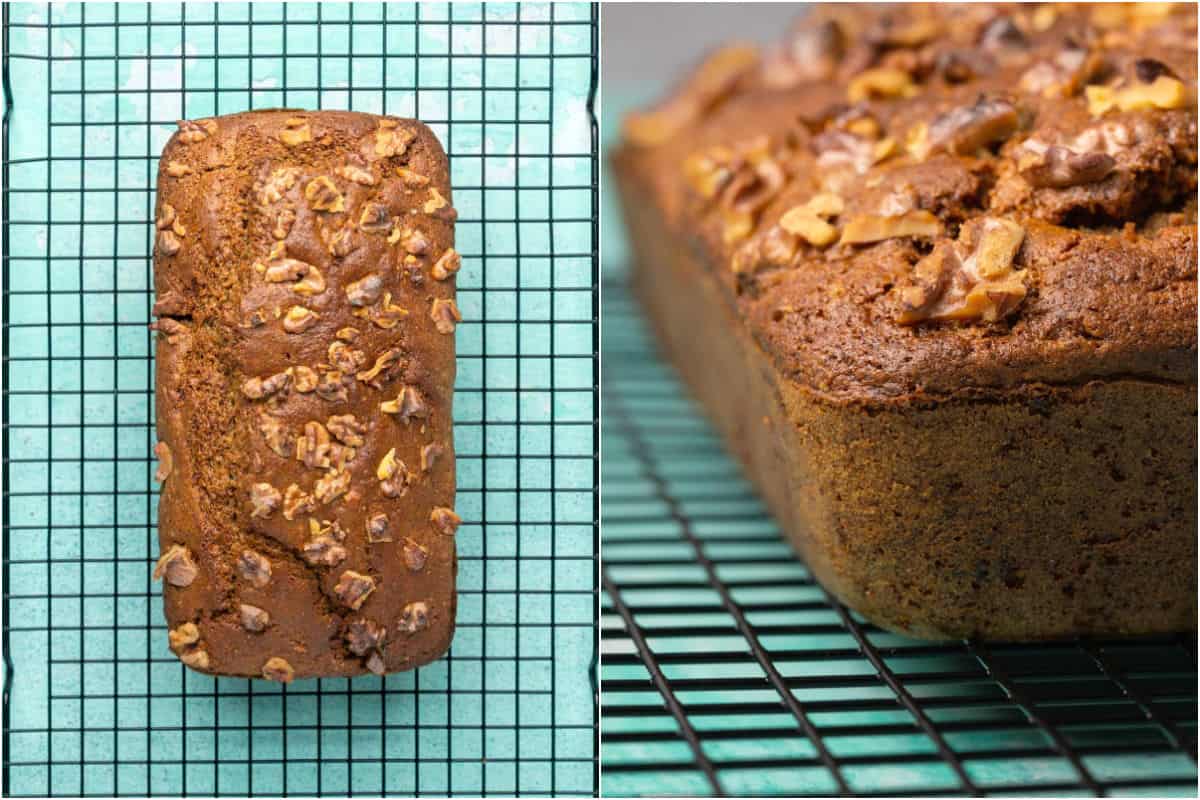 Two photo collage showing vegan gluten free banana bread cooling on a wire cooling rack.