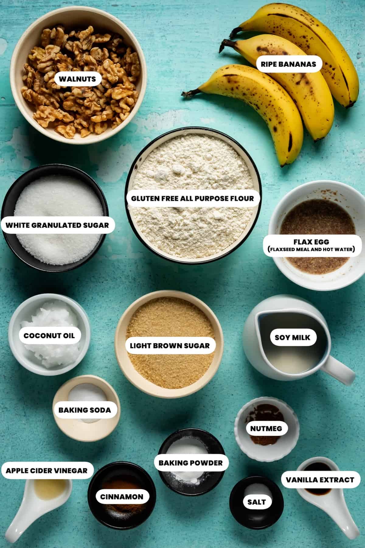 Photo of the ingredients needed to make vegan gluten free banana bread. 