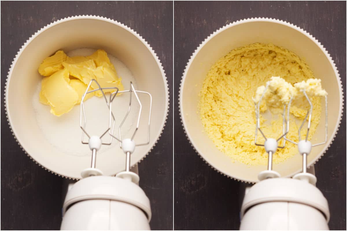 Two photo collage showing vegan butter and sugar added to stand mixer and creamed together. 