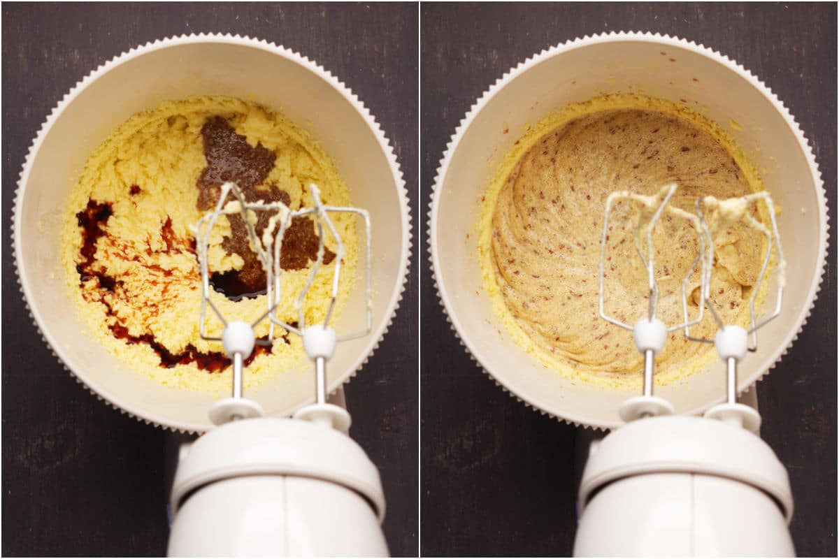 Two photo collage showing flax egg and vanilla extract added to stand mixer and mixed in.