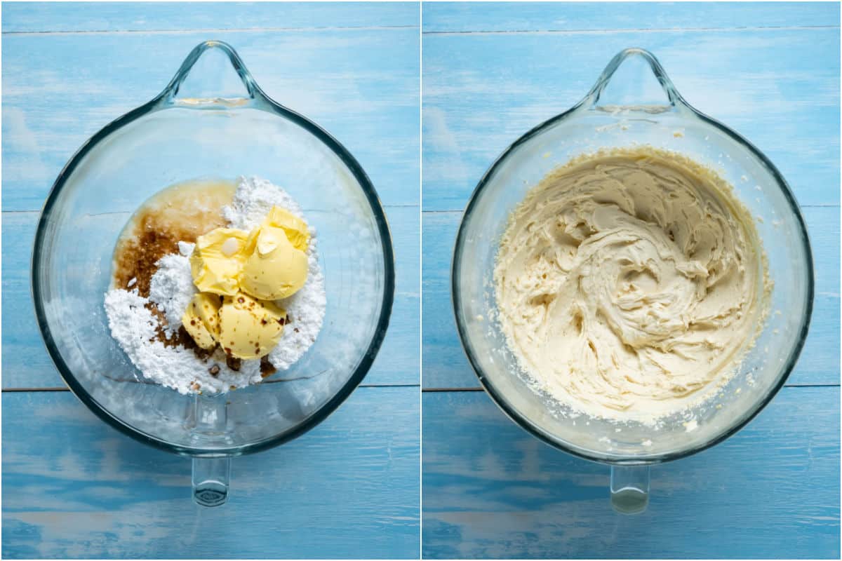Two photo collage showing ingredients for frosting added to stand mixer and mixed together.