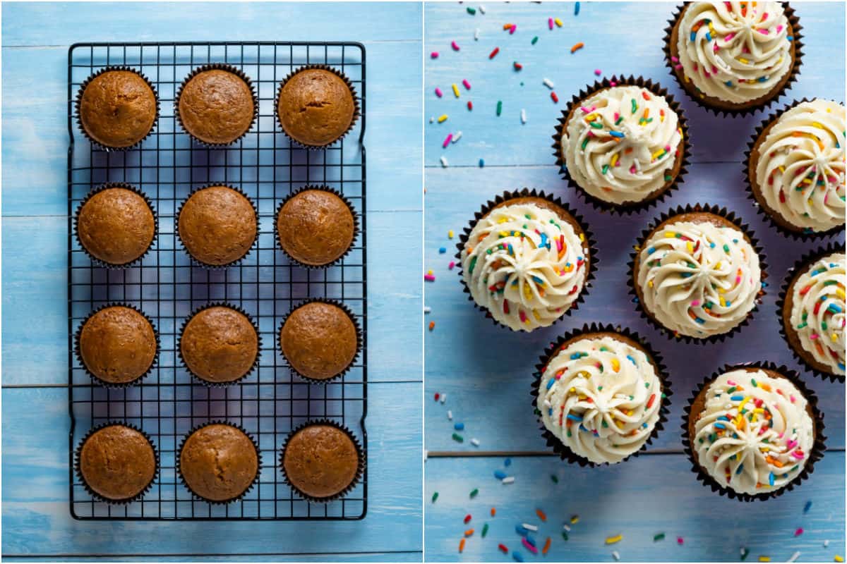 Two photo collage showing unfrosted cupcakes on a wire cooling rack and then the frosted and decorated cupcakes.