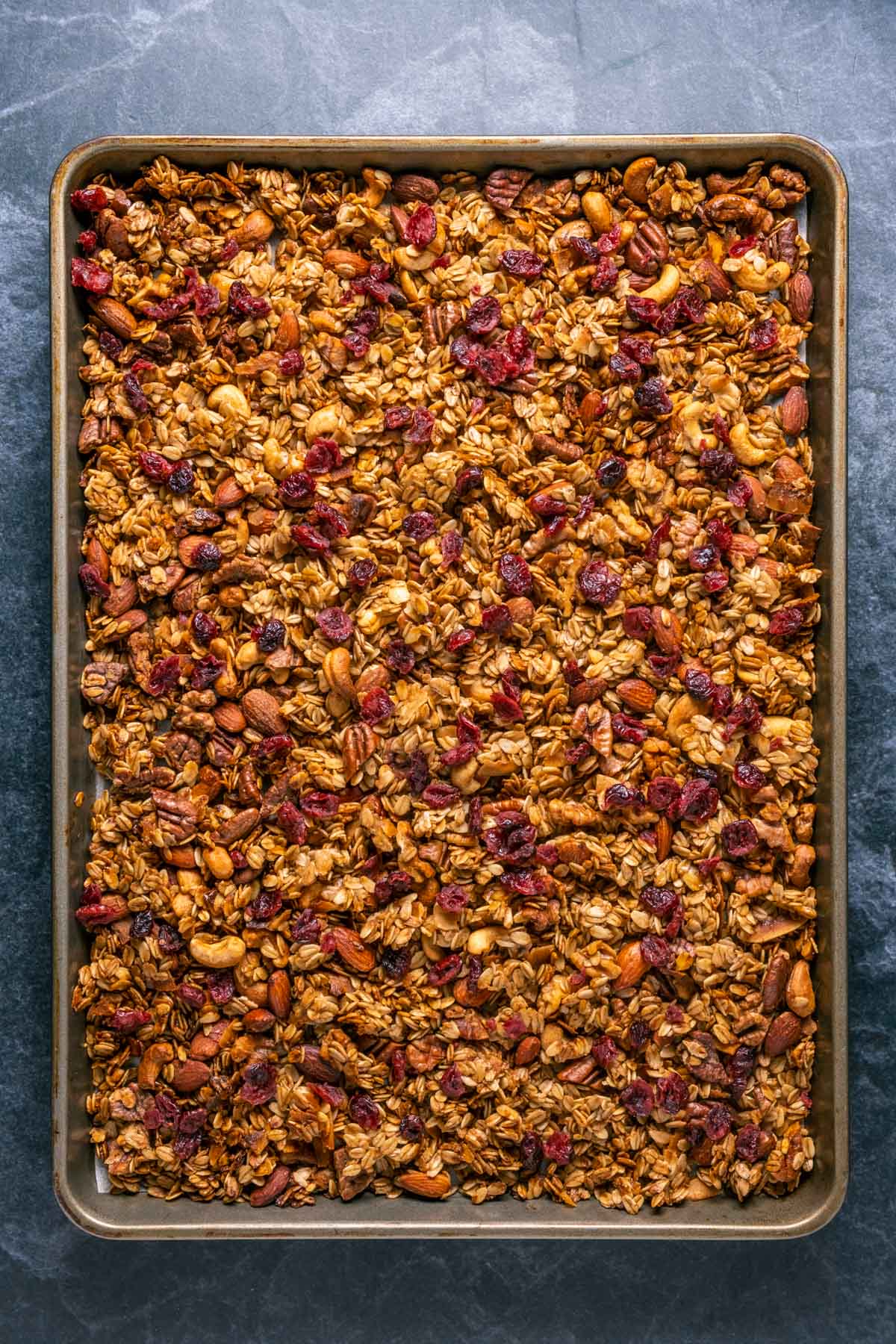 Vegan granola on a baking sheet.