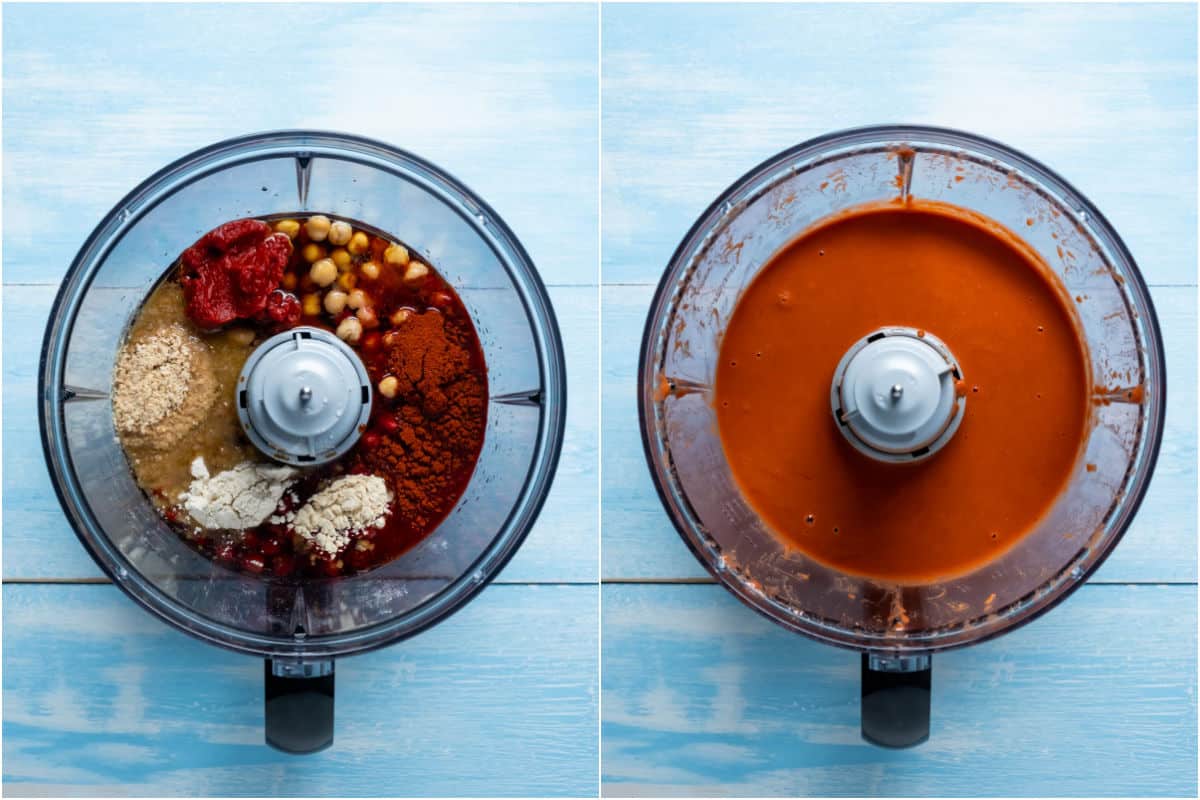 Two photo collage showing ingredients added to food processor and processed together.