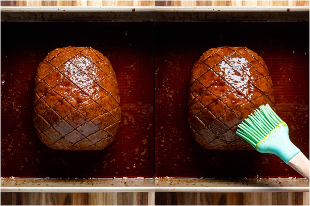 Two photo collage showing roasted ham and then extra glaze being brushed into the top.