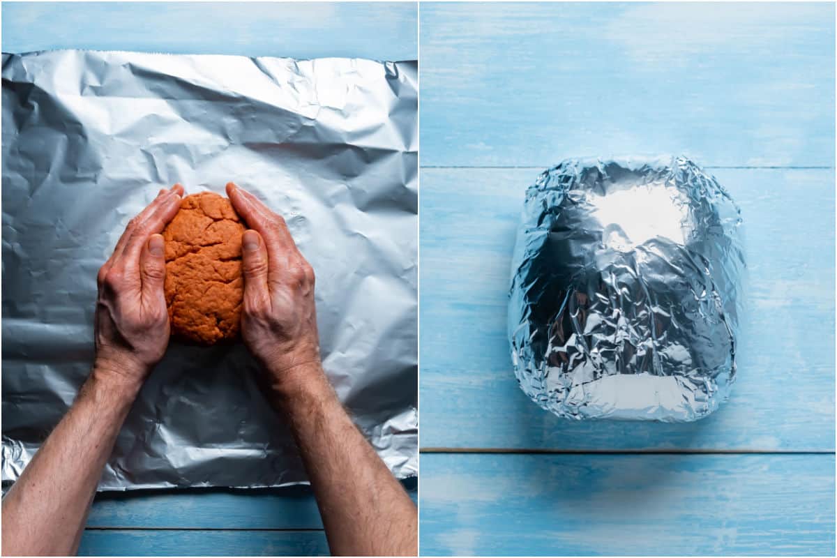Two photo collage showing forming the dough into a ham shape and wrapping in foil.