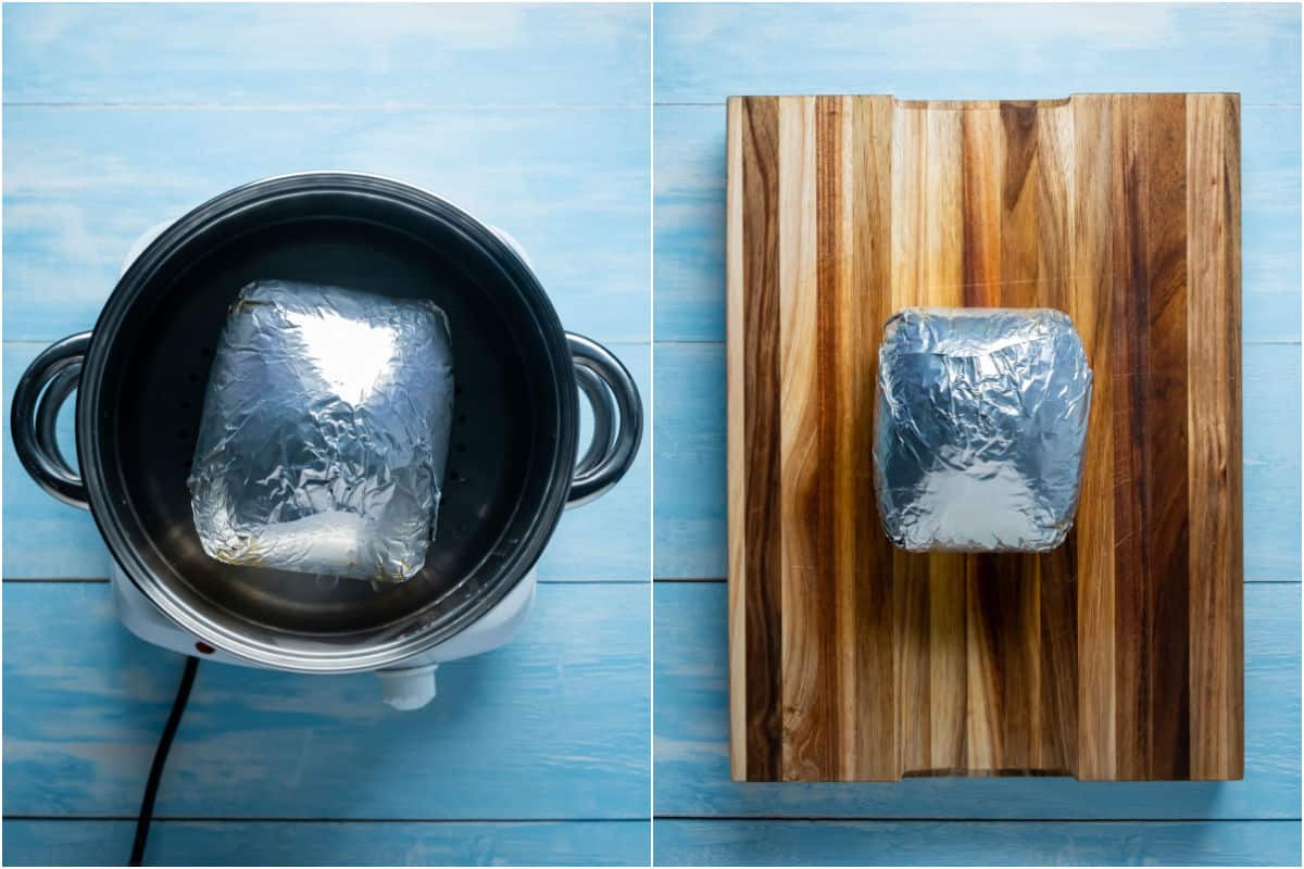 Two photo collage showing ham wrapped in foil in the steamer and then cooling on a wooden board.