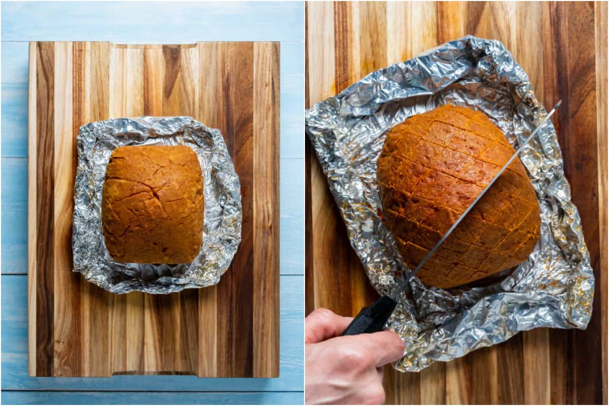 Two photo collage showing unwrapping the ham from the foil and then cutting criss cross shapes into it.