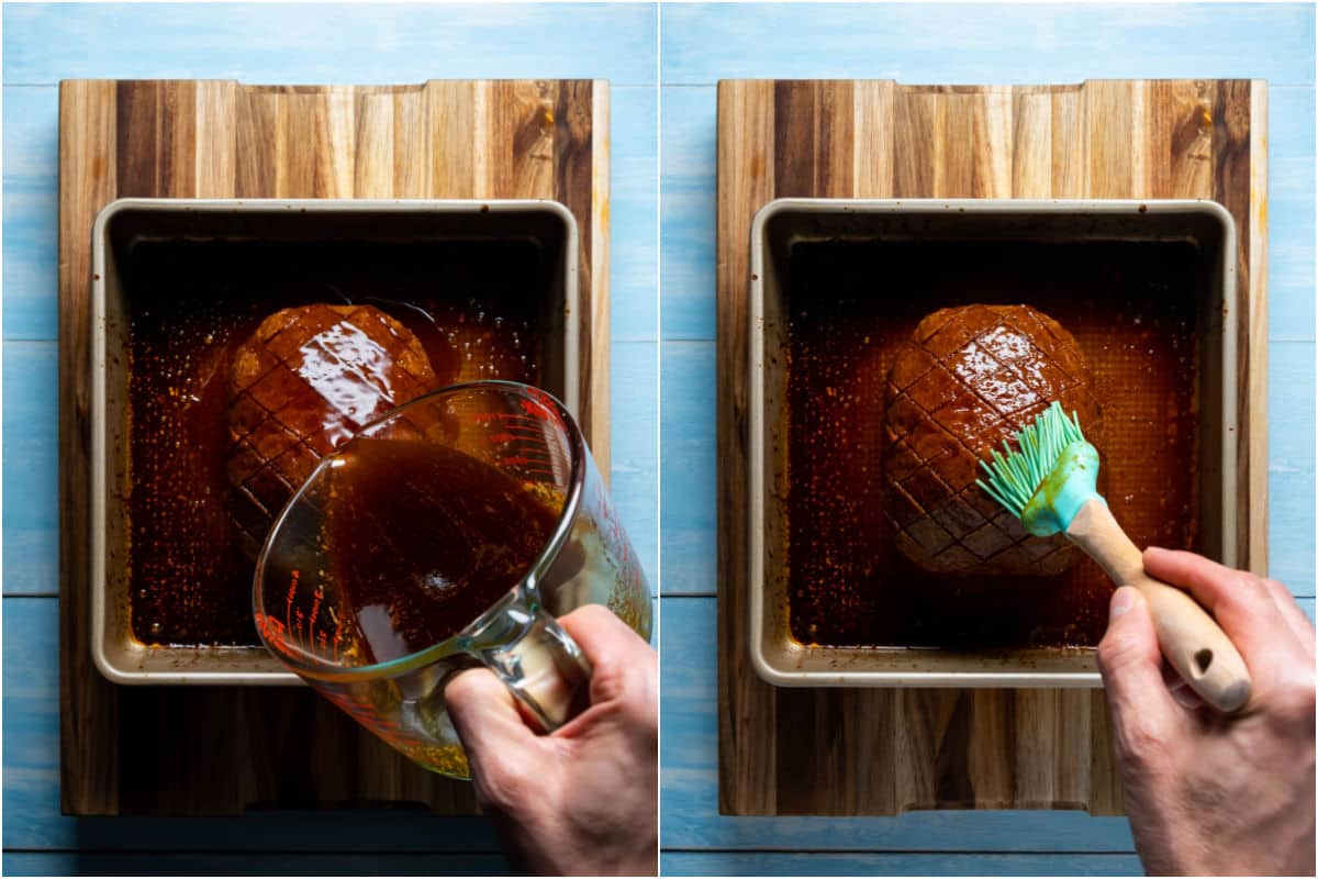 Two photo collage showing the baked ham with more glaze pouring over the top and then being brushed in.