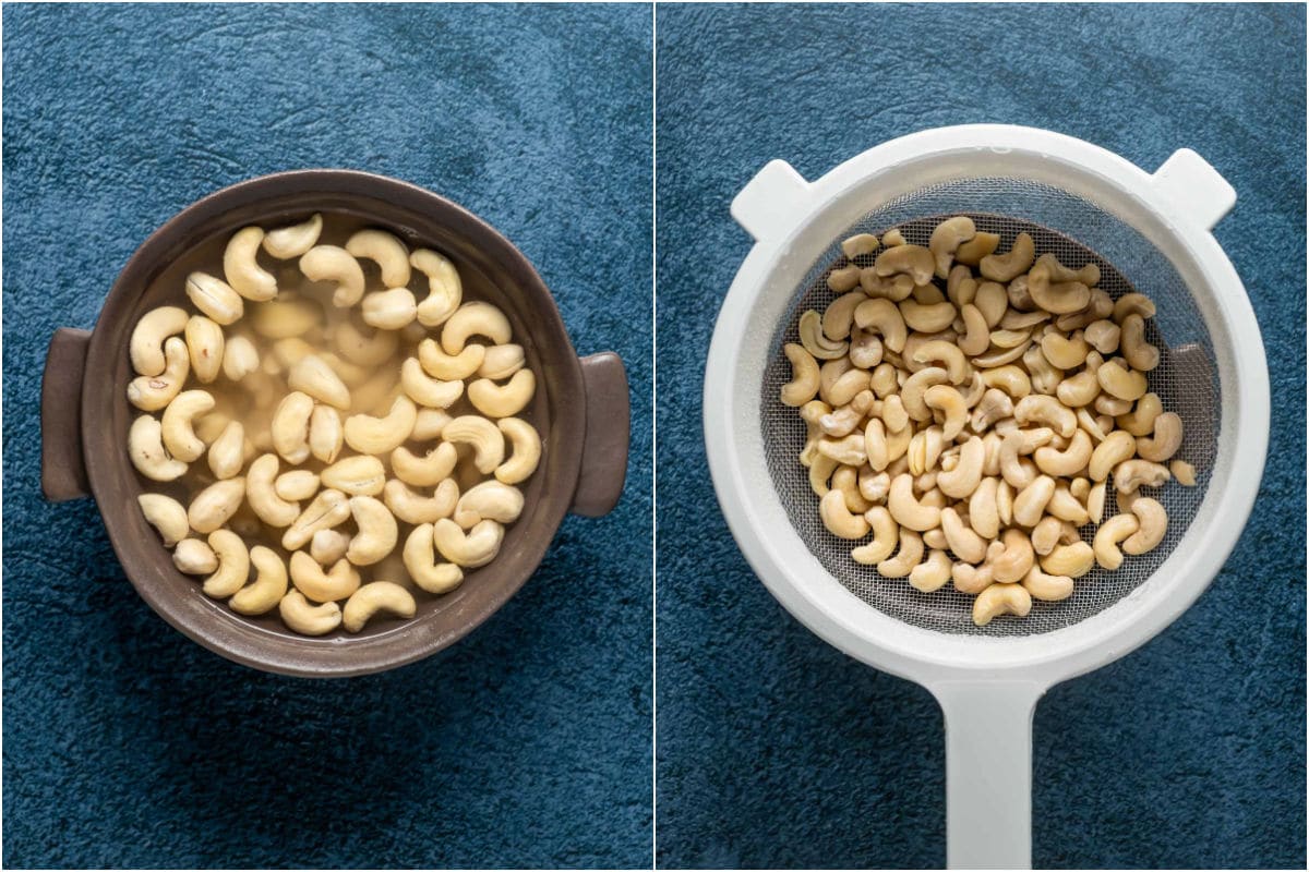 Two photo collage showing soaking cashews and then draining in a sieve.