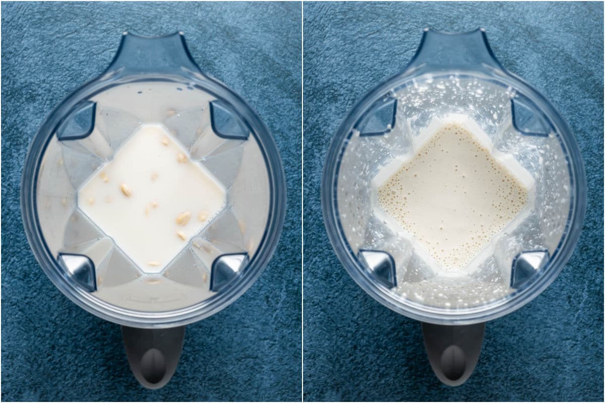 Two photo collage showing ingredients added to blender jug and then blended.