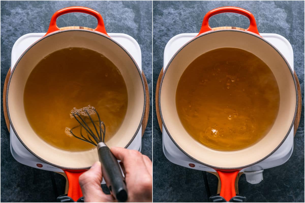 Stirring the honey mix in the pot until the sugar melts.