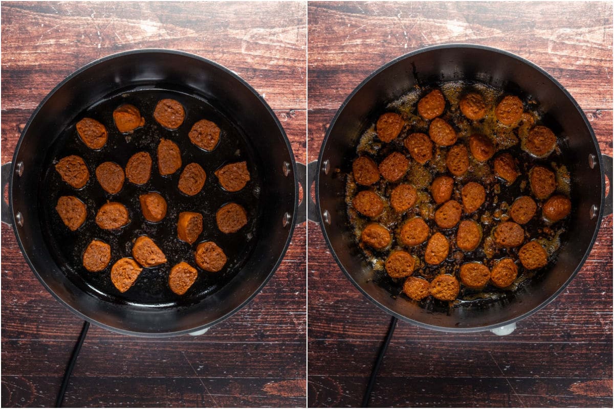 Two photo collage showing vegan sausages added to pot with oil and sautéed.
