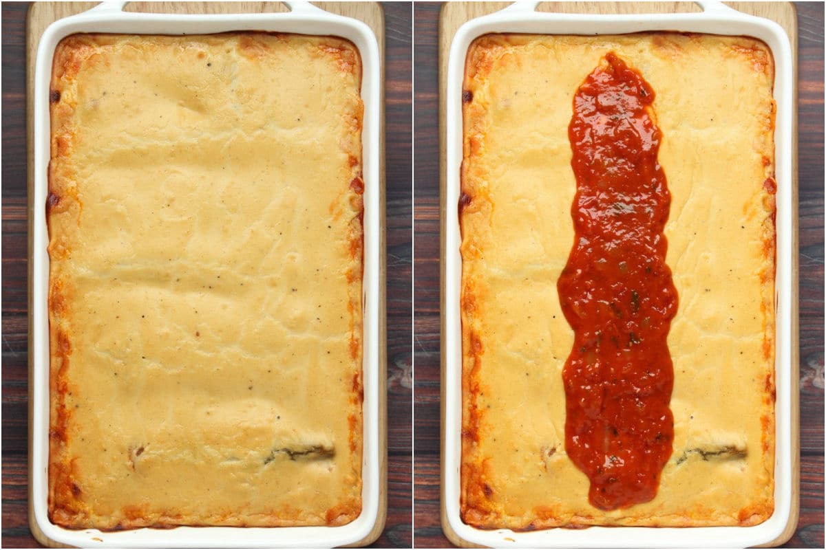 Two photo collage showing the baked lasagna and then decorated with a strip of marinara sauce.