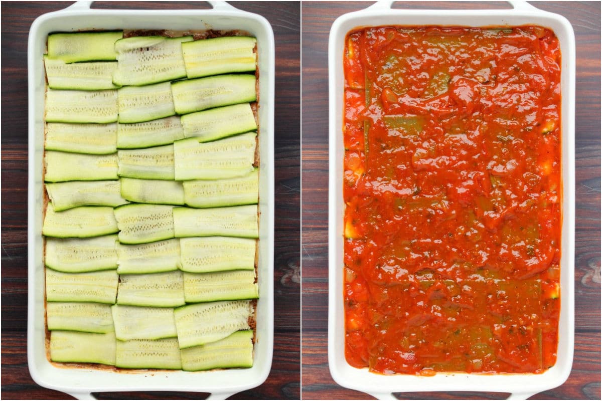 Two photo collage showing layer of zucchini added to dish followed by spinach lasagna sheets, followed by marinara.