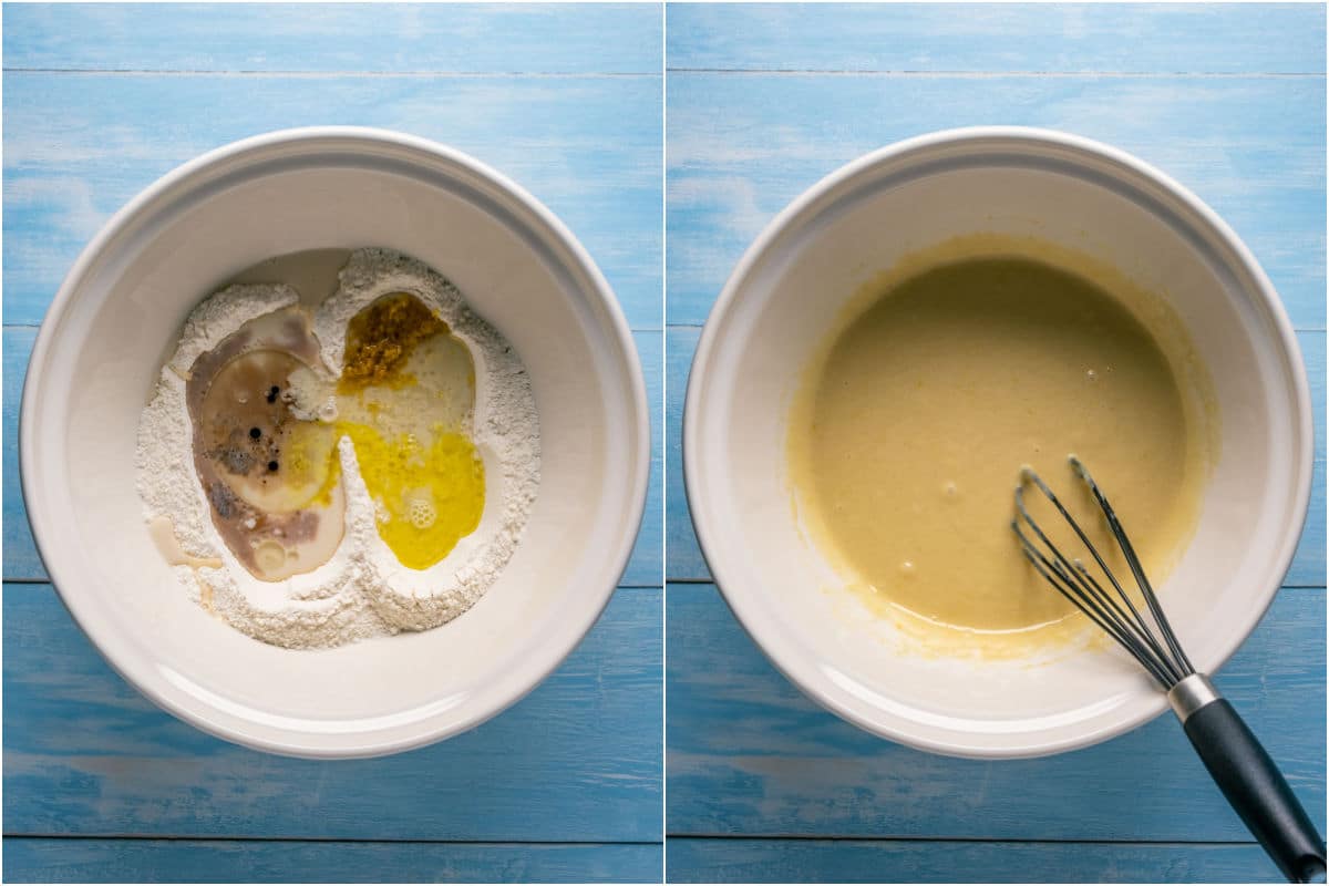 Two photo collage showing wet ingredients added to bowl and mixed into a batter.