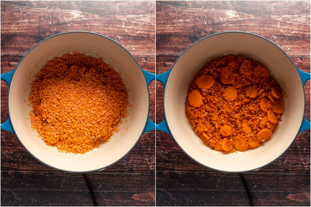 Two photo collage showing red lentils added to pot and tossed with the onions and carrots.