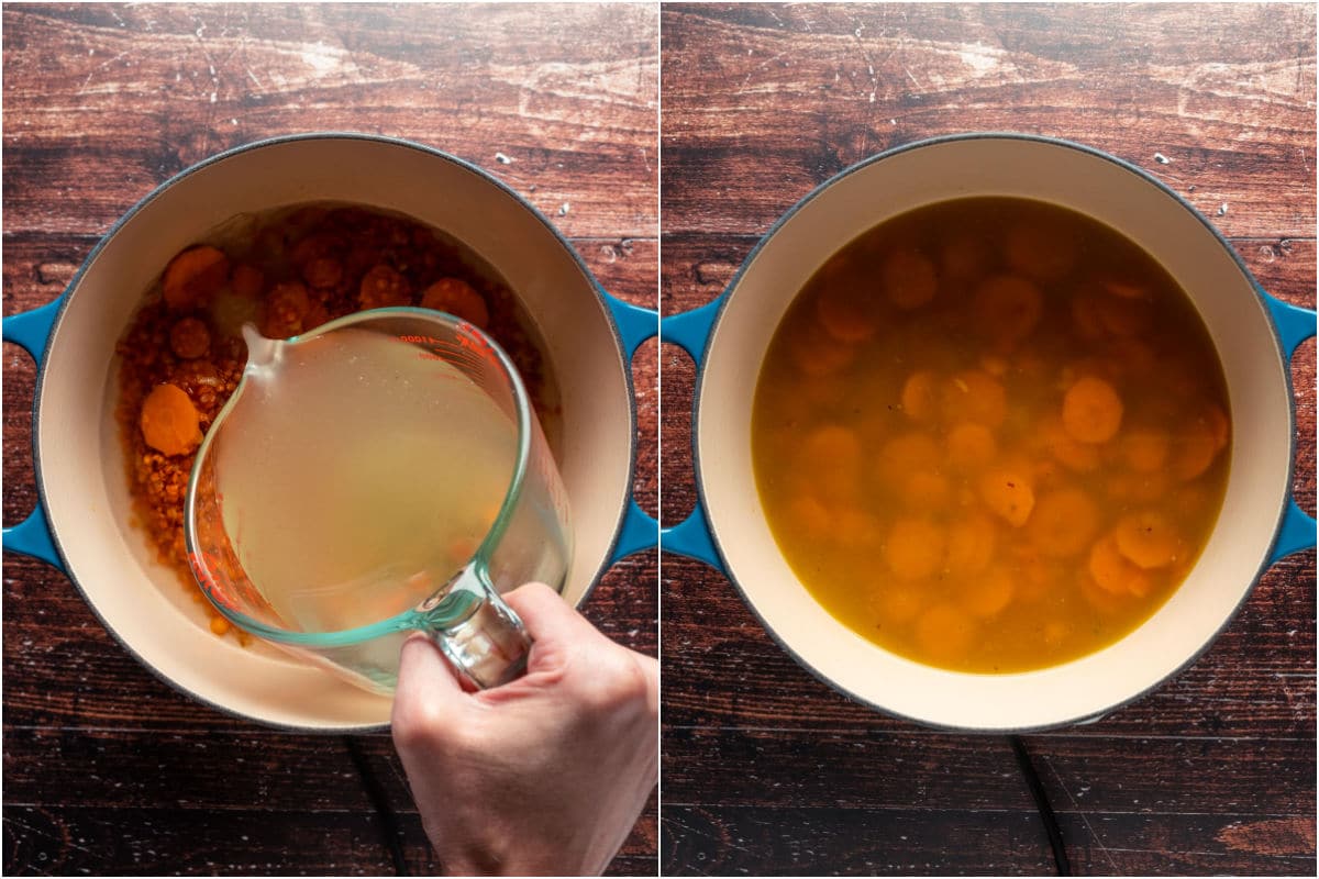 Two photo collage showing vegetable stock added to pot and mixed in.